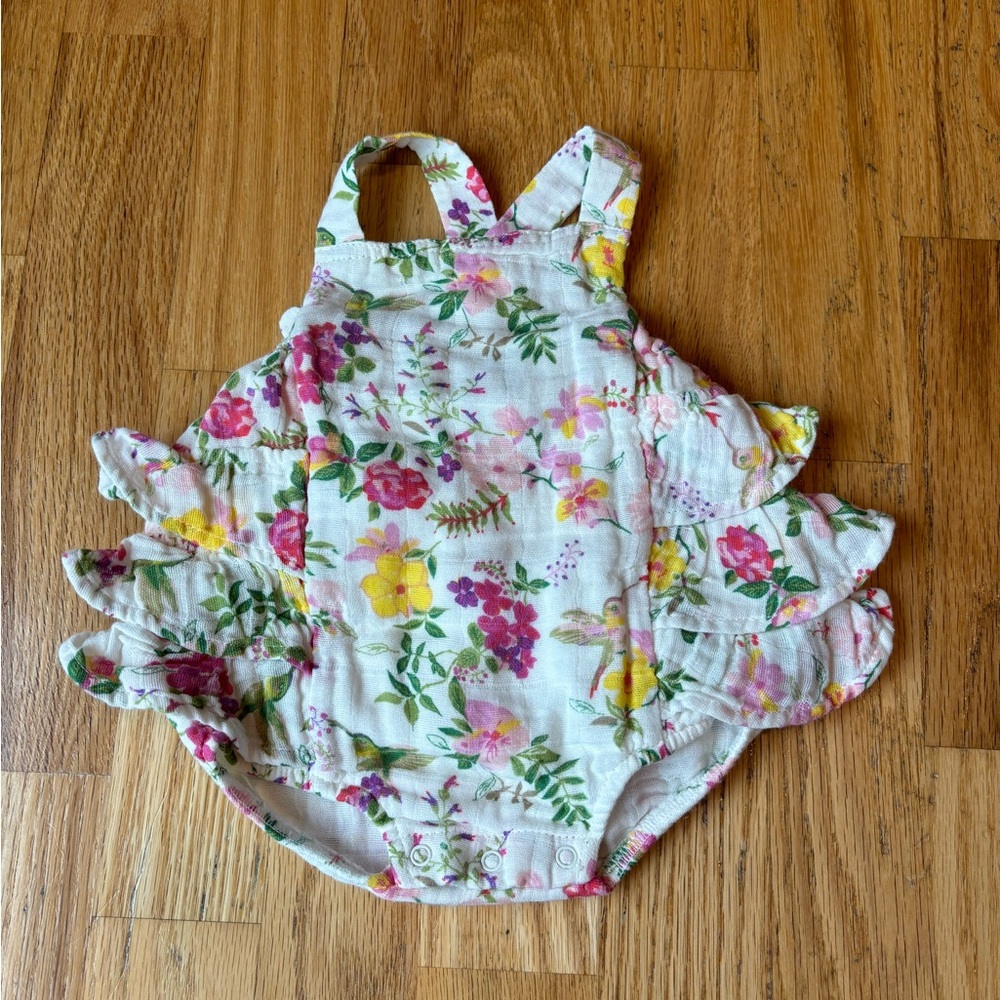 Angel Dear Floral Ruffle Baby Romper - Pink, Yellow & Green